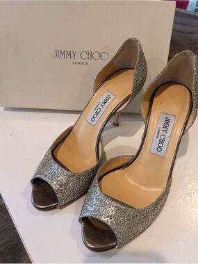 Jimmy Choo Silver Glitter Peep-Toe Pumps